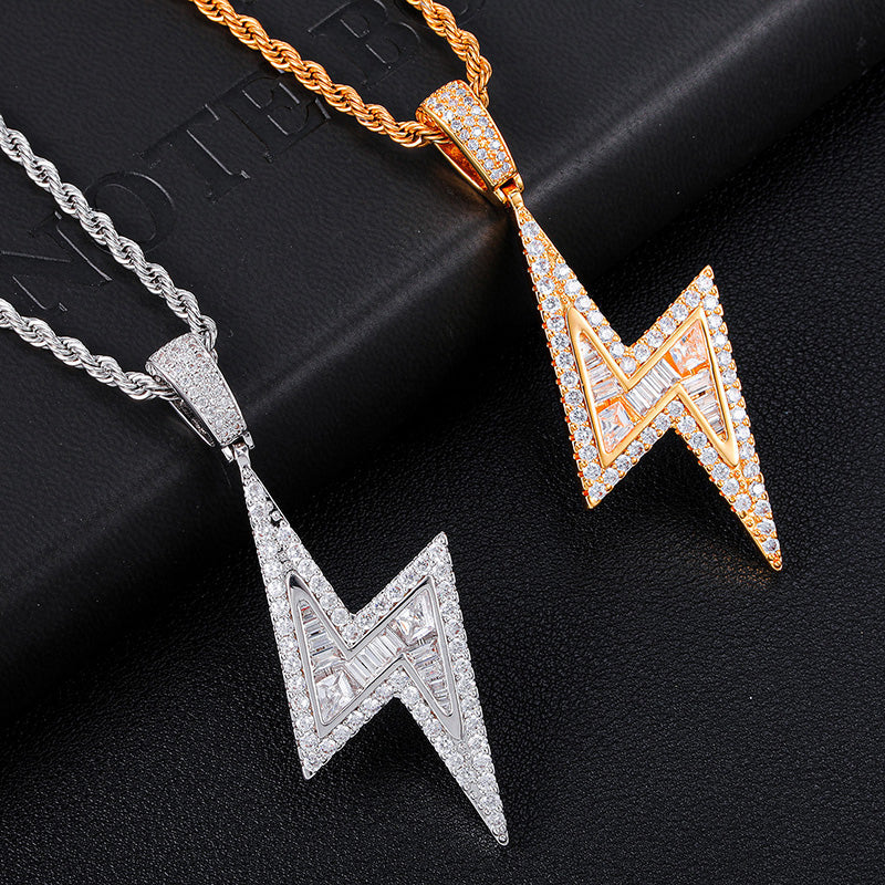 Iced Out Zircon 18k Gold Lightning Pendant Necklace Tripodjewelry