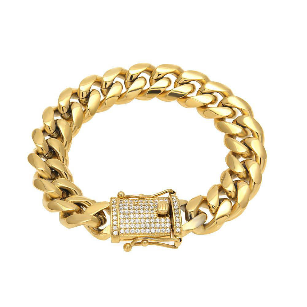 16MM 14K Gold Plated Stainless Steel Iced Out Miami Cuban Link Bracelet Tripodjewelry