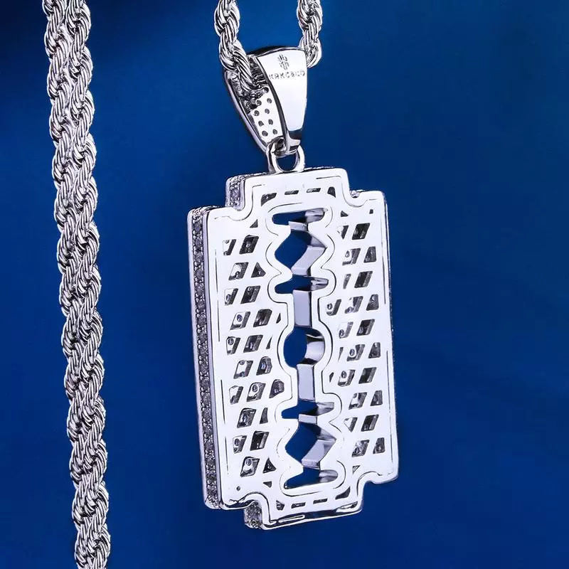 White Gold Iced Razor Blade Pendant Tripodjewelry