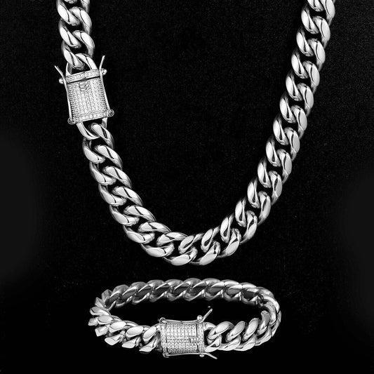 12MM White Gold Plated Iced Out Clasp Miami Cuban Link Chain And Bracelect Set