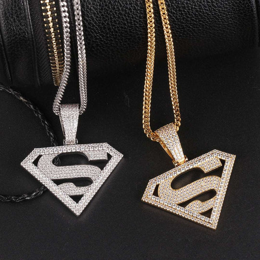 18K Gold Iced Out Superman Pendant