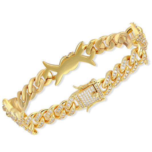 10MM 18K Gold Plated Iced Out Barb Wire Cuban Link Bracelet