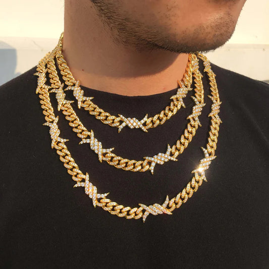 10MM 18K Gold Plated Iced Out Barb Wire Cuban Link Chain