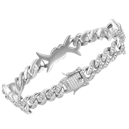 10MM White Gold Iced Out Barb Wire Cuban Link Bracelet TRIPOD JEWELRY