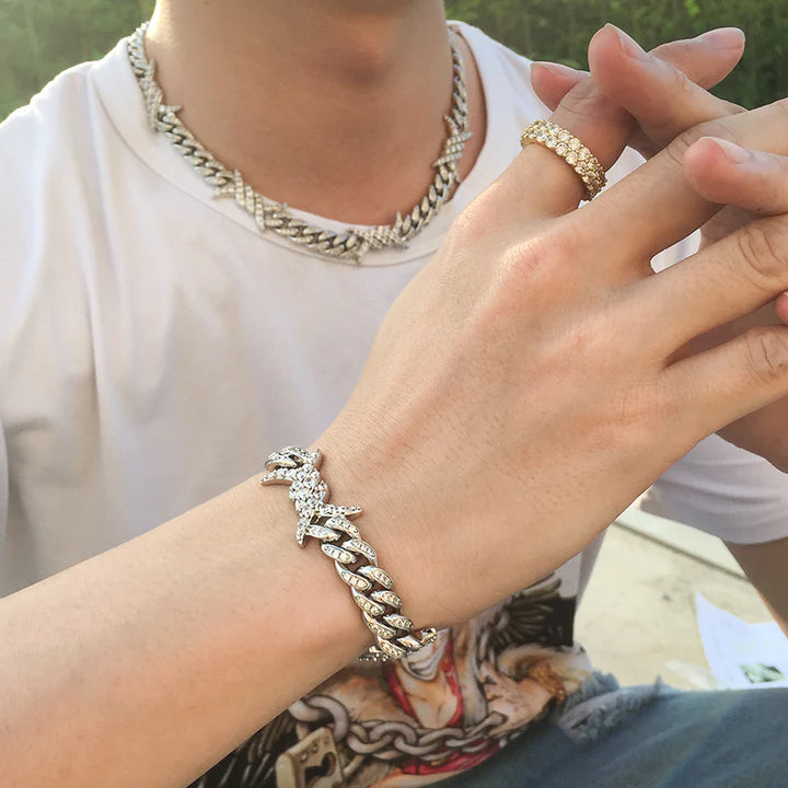 10MM White Gold Iced Out Barb Wire Cuban Link Bracelet TRIPOD JEWELRY