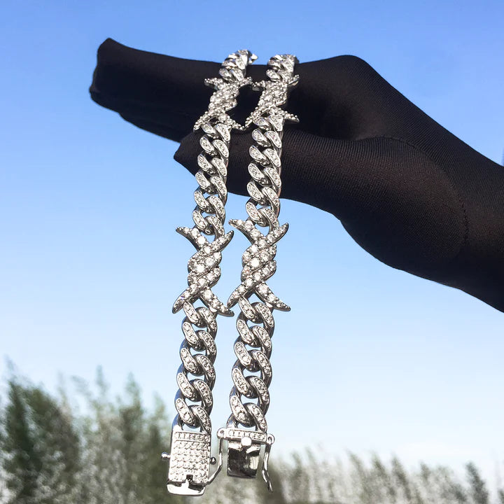 10MM White Gold Iced Out Barb Wire Cuban Link Bracelet TRIPOD JEWELRY