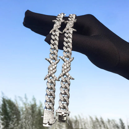 10MM White Gold Iced Out Barb Wire Cuban Link Bracelet TRIPOD JEWELRY