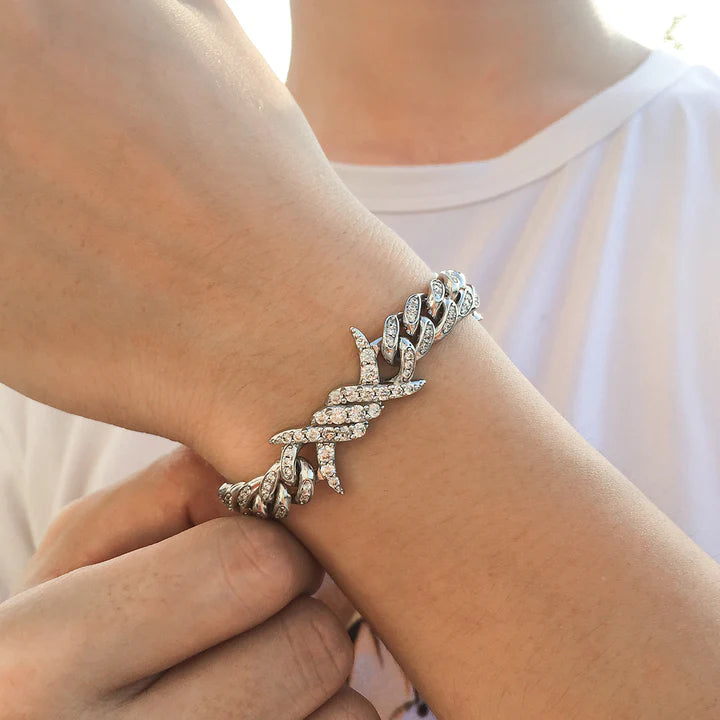 10MM White Gold Iced Out Barb Wire Cuban Link Bracelet TRIPOD JEWELRY