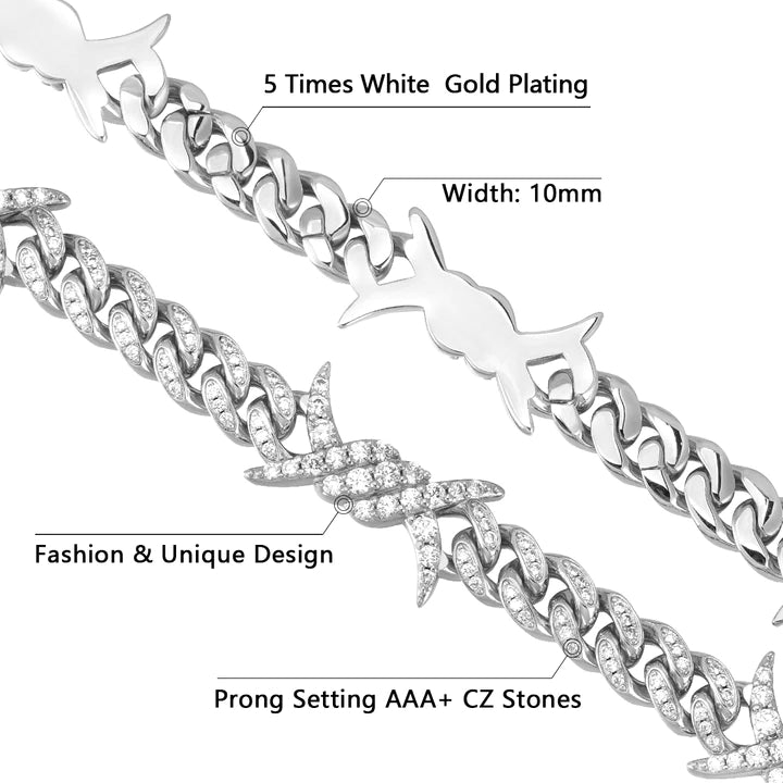 10MM White Gold Iced Out Barb Wire Cuban Link Bracelet TRIPOD JEWELRY