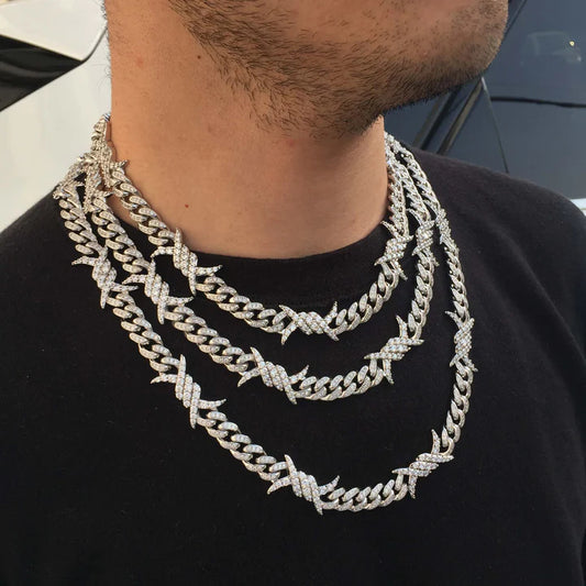 10MM White Gold Plated Iced Out Barb Wire Cuban Link Chain