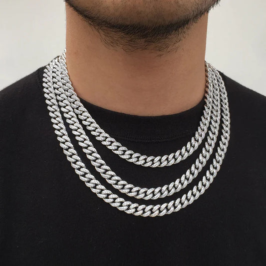 10MM White Gold Plated Iced Out Cuban Link Chain Necklace