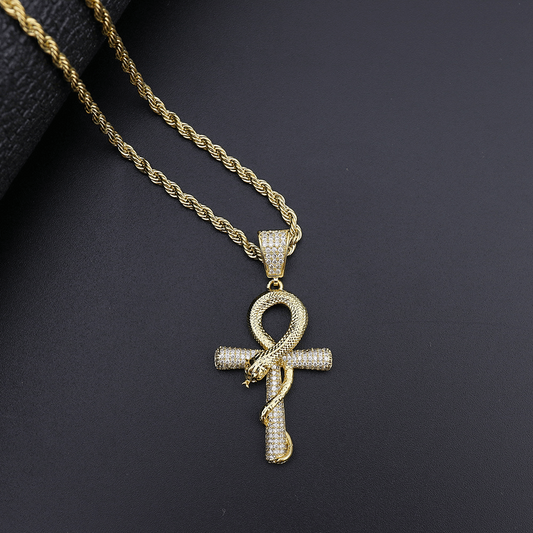 18K Gold Iced Snakelike Cross Pendant