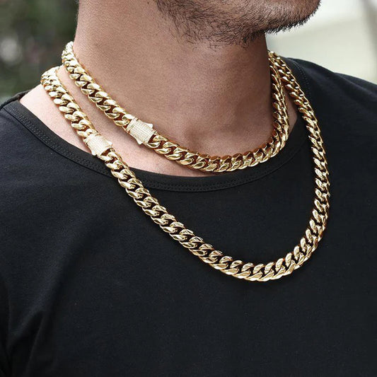 12MM 14K Gold Plated Iced Out Clasp Miami Cuban Link Chain And Bracelet Set