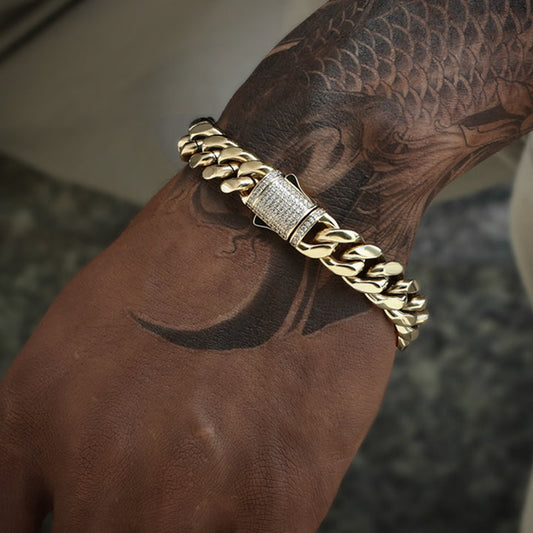 12MM 14K Gold Plated Iced Out Clasp Miami Cuban Link Bracelet