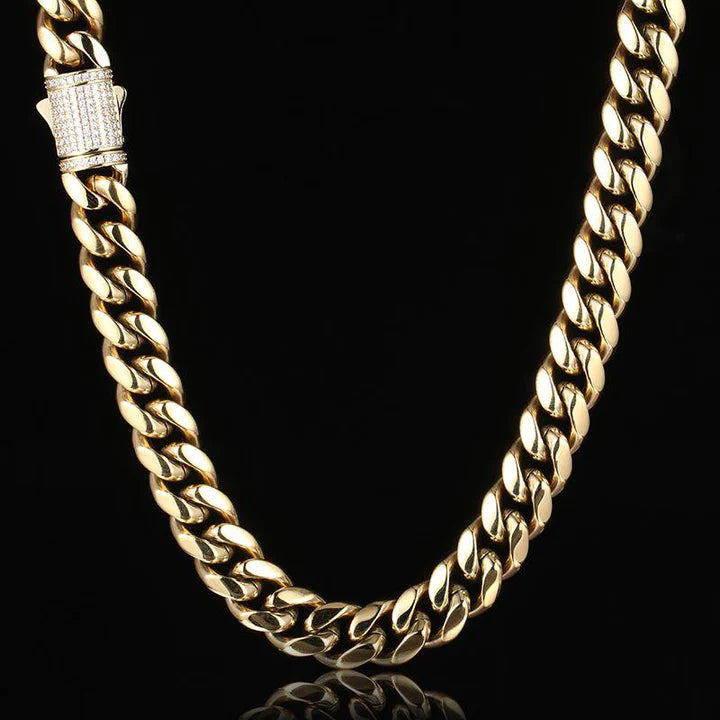 12MM 14K Gold Plated Iced Out Clasp Miami Cuban Link Chain Necklace Stainless Steel TRIPOD JEWELRY