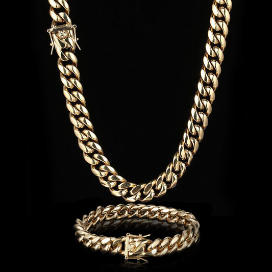 8MM 14K Gold Plated Miami Cuban Link Chain Necklace And Bracelet Set