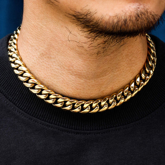 16MM 14K Gold Plated Stainless Steel Iced Out Miami Cuban Link Chain Necklace