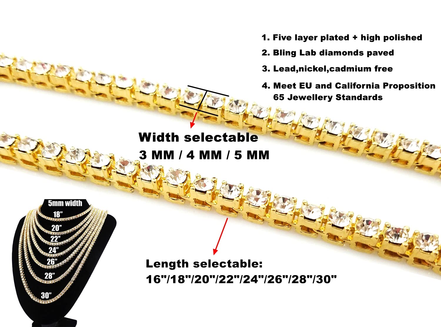 3/4/5MM 14K Gold Iced Out Diamond Tennis Chain 18-30 Inches Necklace for Men and Women TRIPOD JEWELRY