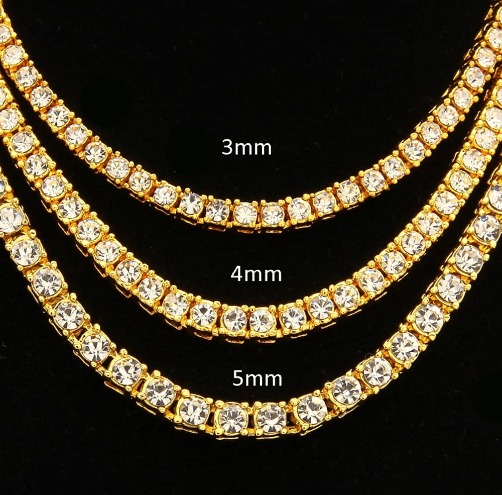 3/4/5MM 14K Gold Iced Out Diamond Tennis Chain 18-30 Inches Necklace for Men and Women TRIPOD JEWELRY