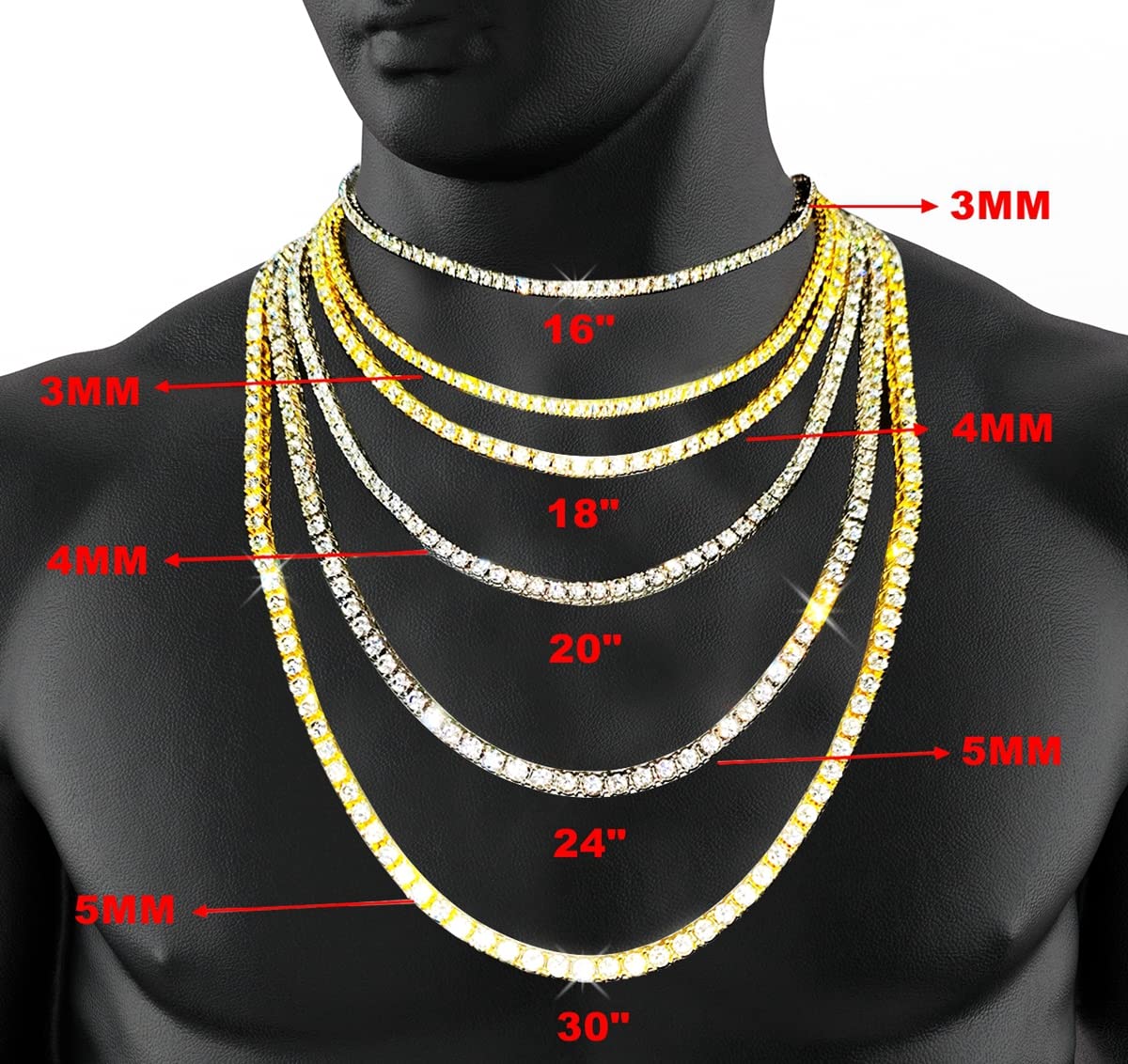 3/4/5MM 14K Gold Iced Out Diamond Tennis Chain 18-30 Inches Necklace for Men and Women TRIPOD JEWELRY