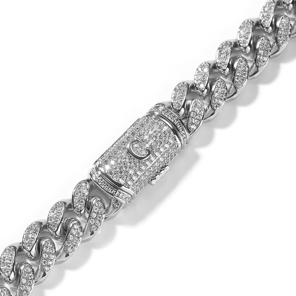 12MM White Gold Letter Iced Out Clasp Cuban Link Chain Necklace Hip Hop TRIPOD JEWELRY