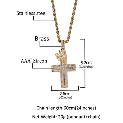 18K/White Gold Iced Out Crown Cross Pendant