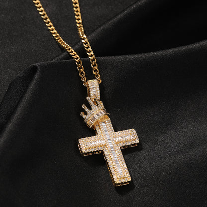 18K/White Gold Iced Out Crown Cross Pendant