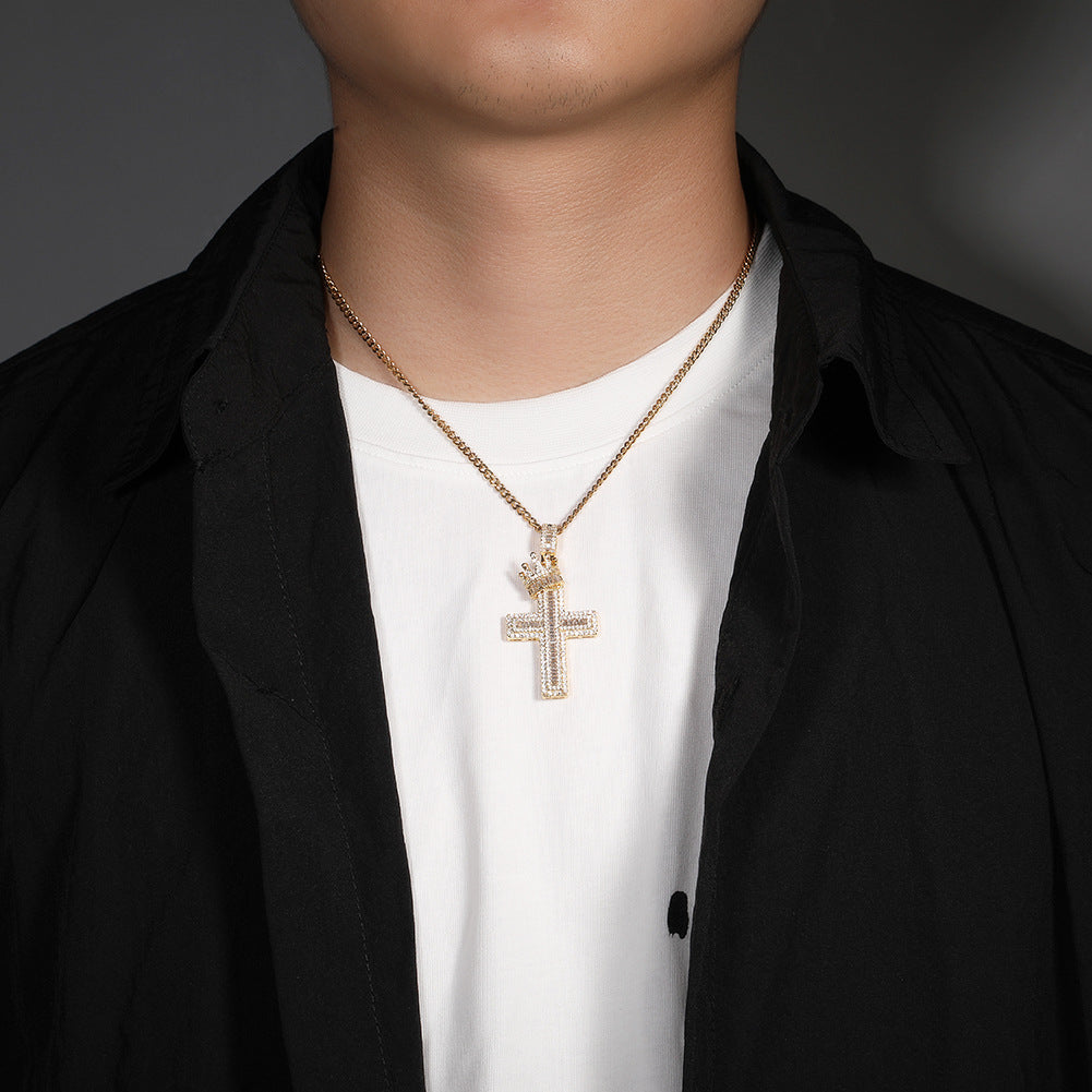 18K/White Gold Iced Out Crown Cross Pendant