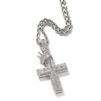 18K/White Gold Iced Out Crown Cross Pendant