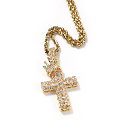 18K/White Gold Iced Out Crown Cross Pendant