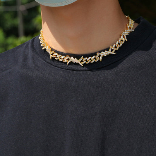 18MM 18K Gold Plated Iced Out Barb Wire Cuban Link Chain Necklace