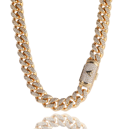 12MM Real 18K Gold Plated Letter Clasp Cuban Link Chain Necklace For Men TRIPOD JEWELRY