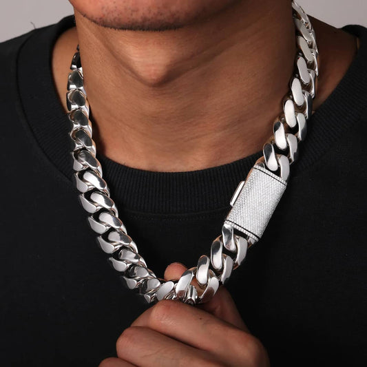 Hip Hop White Gold Solid Iced out Clasp Miami Cuban Link Chain Necklace