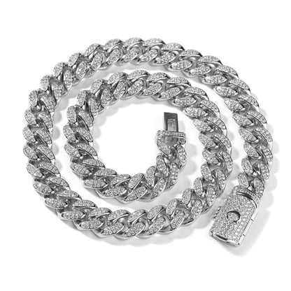 12MM White Gold Letter Iced Out Clasp Cuban Link Chain Necklace Hip Hop TRIPOD JEWELRY