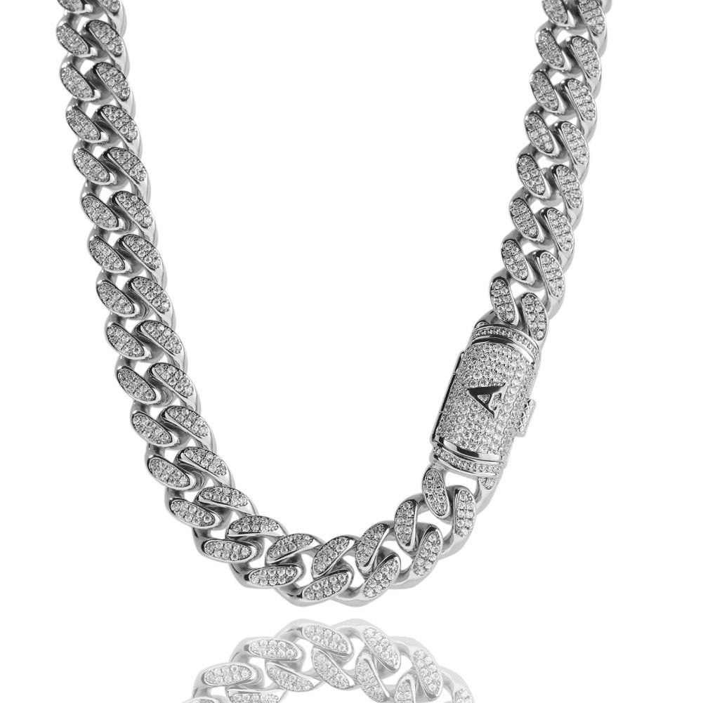 12MM White Gold Letter Iced Out Clasp Cuban Link Chain Necklace Hip Hop TRIPOD JEWELRY