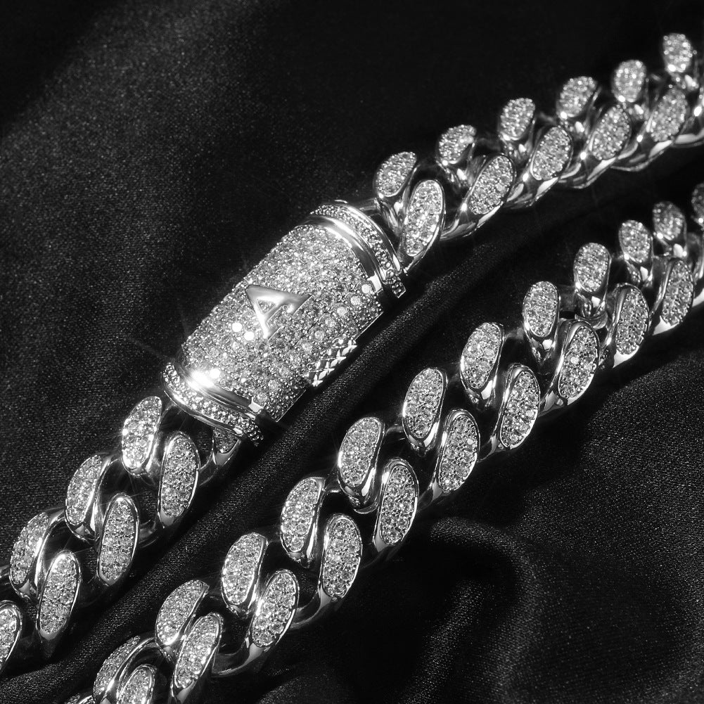 12MM White Gold Letter Iced Out Clasp Cuban Link Chain Necklace Hip Hop TRIPOD JEWELRY
