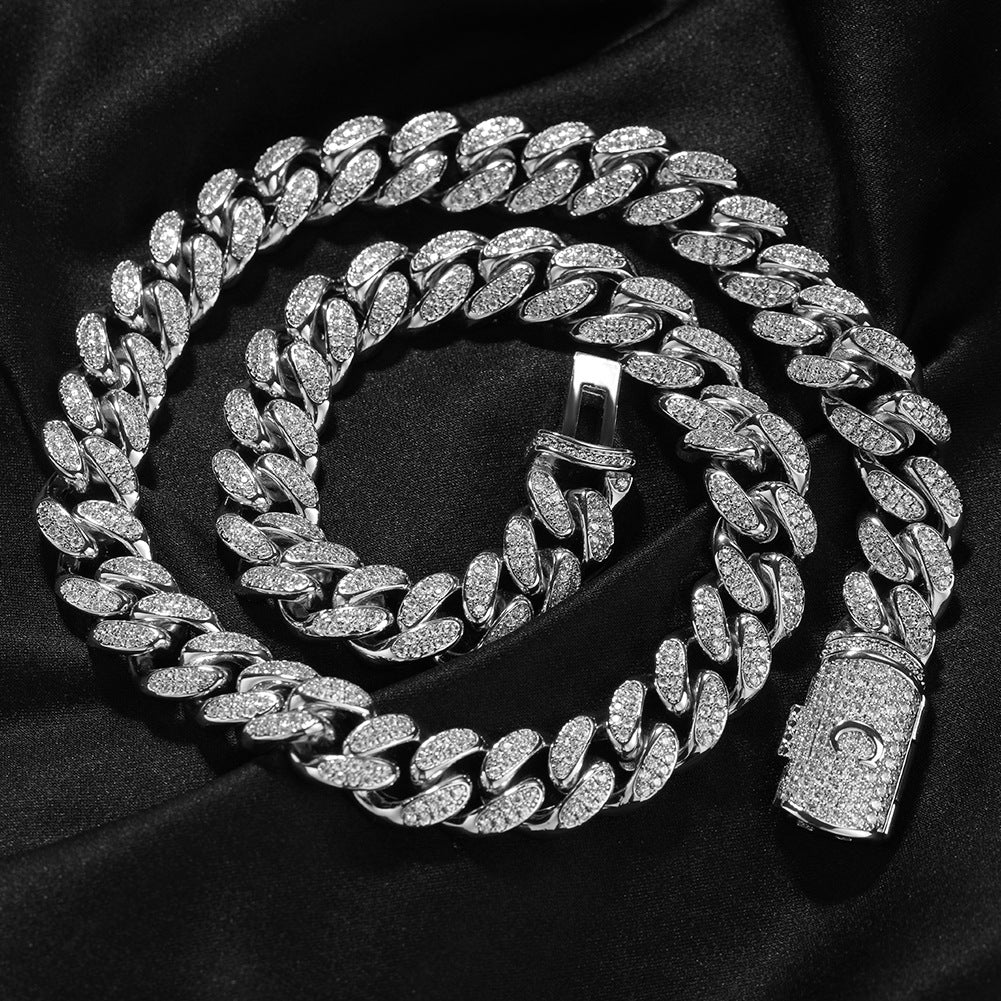 12MM White Gold Letter Iced Out Clasp Cuban Link Chain Necklace Hip Hop TRIPOD JEWELRY