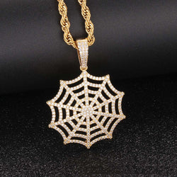 14K Gold Plated Iced Out Spider Web Pendant