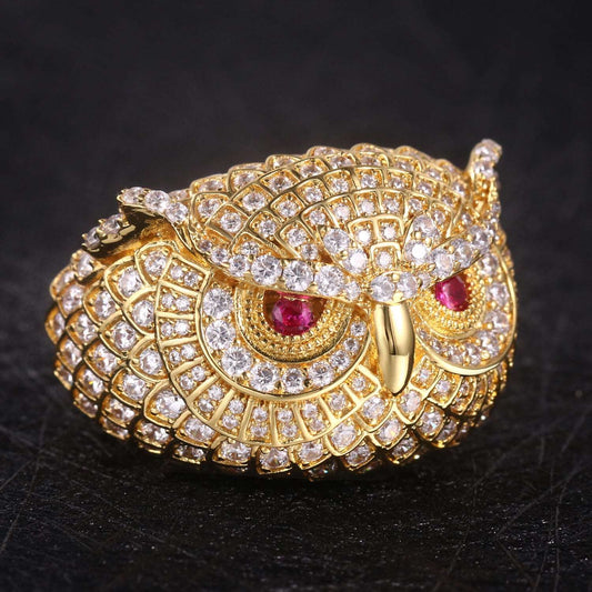 14K Gold Iced Out Owl Ring