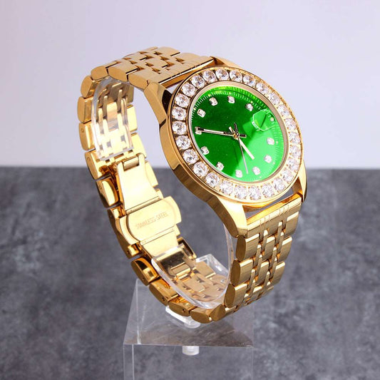 18K Gold Plated Green Dial Stainless Steel Diamond Watch