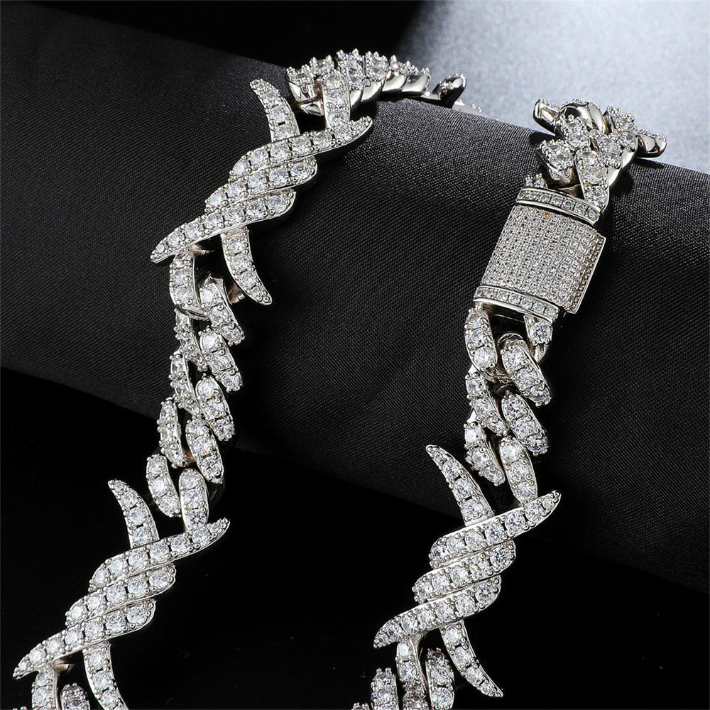 Iced Out Cuban Link Chain White Gold Plated Barb Wire Necklace 18MM TRIPOD JEWELRY