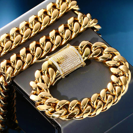 18K Gold Plated Iced Out Clasp Miami Cuban Link Chain Necklace And Bracelet Set Big Size 14MM 16MM 18MM