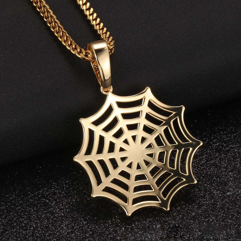 14K Gold Plated Iced Out Spider Web Pendant