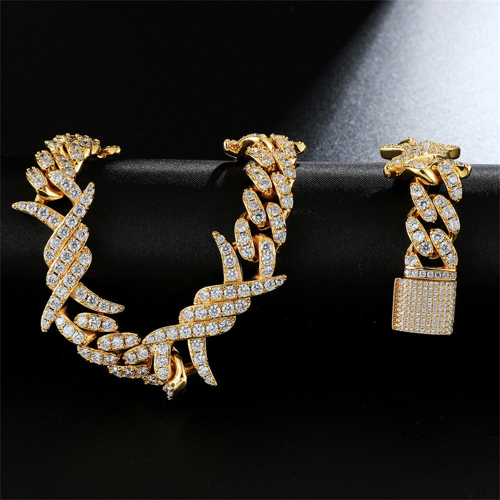 Iced Out Cuban Link Necklace For Men 18K Gold Plated Barb Wire Hip Hop TRIPOD JEWELRY