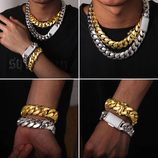 Hip Hop Gold Plated Heavy Solid Cuban Link Chain Necklace & Bracelet Set