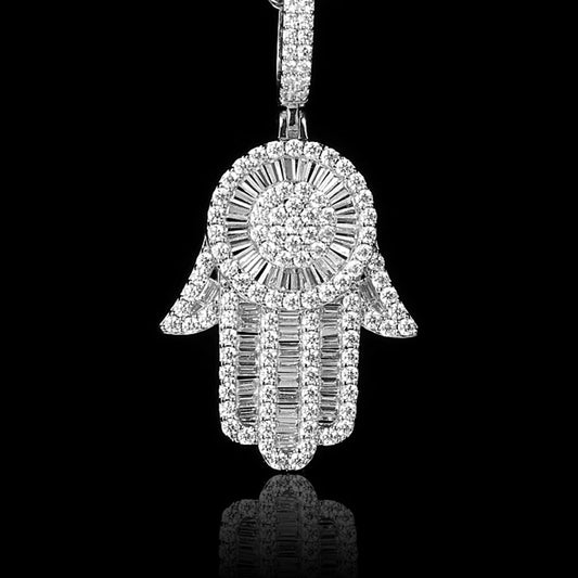 White Gold Baguette Iced Out Hamsa Hand Pendant