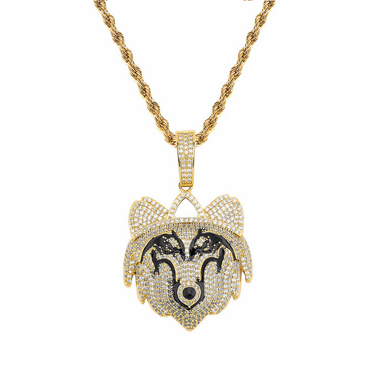 18K Gold Iced Wolf Pendant