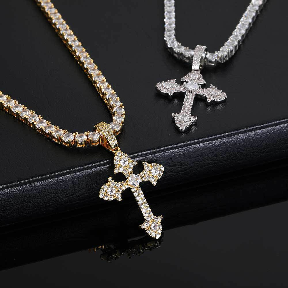 18K/White Gold Iced Out Cross Pendant