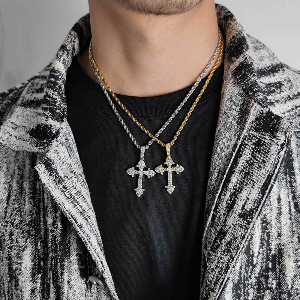 18K/White Gold Iced Out Cross Pendant