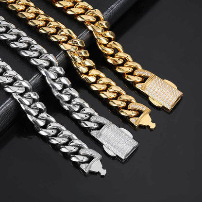 12MM 18K/White Gold Iced Out Clasp Miami Cuban Link Chain Neclace